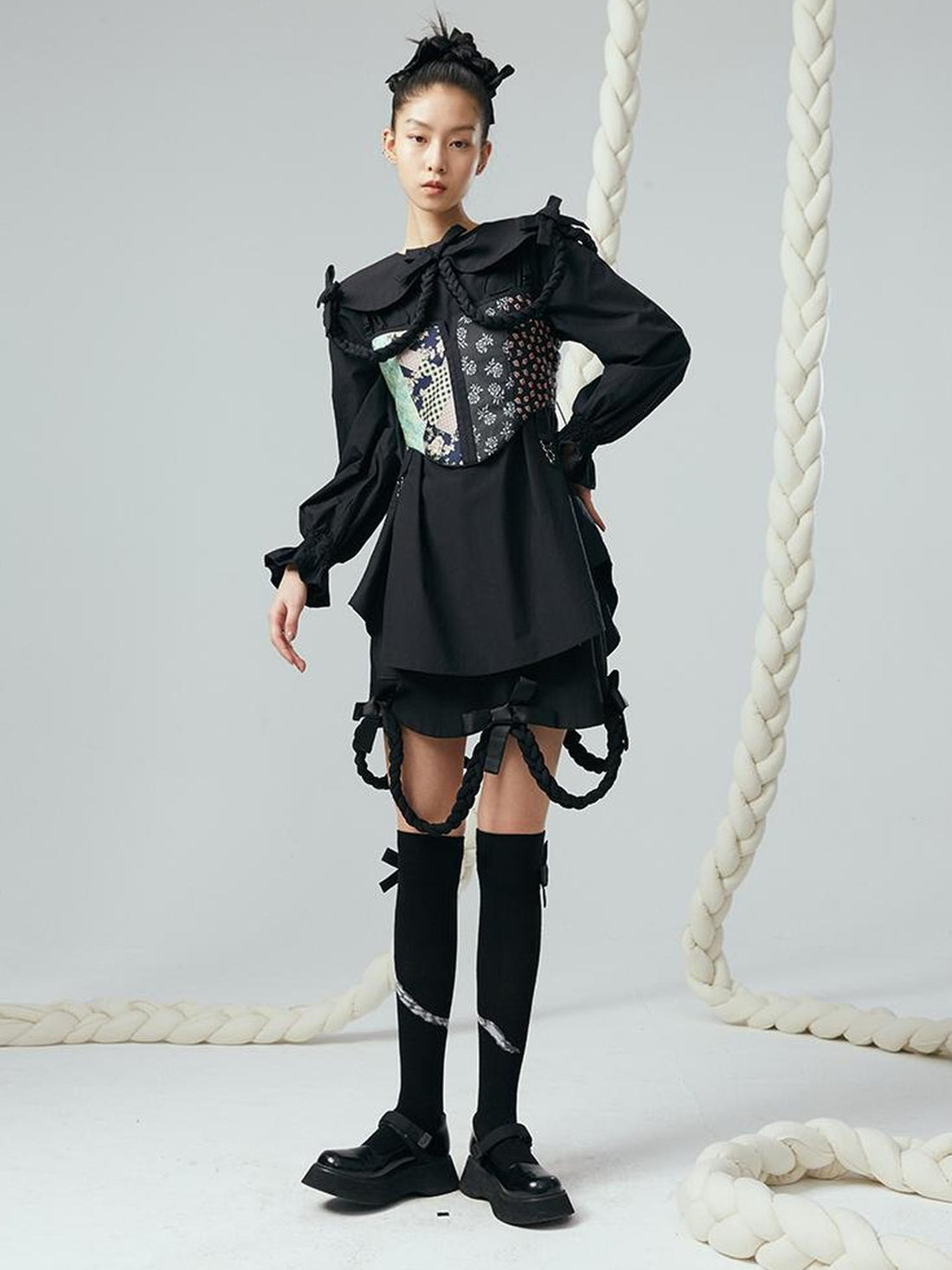 DIDDI MODA Lace Up Floral Jacquard Corset Top