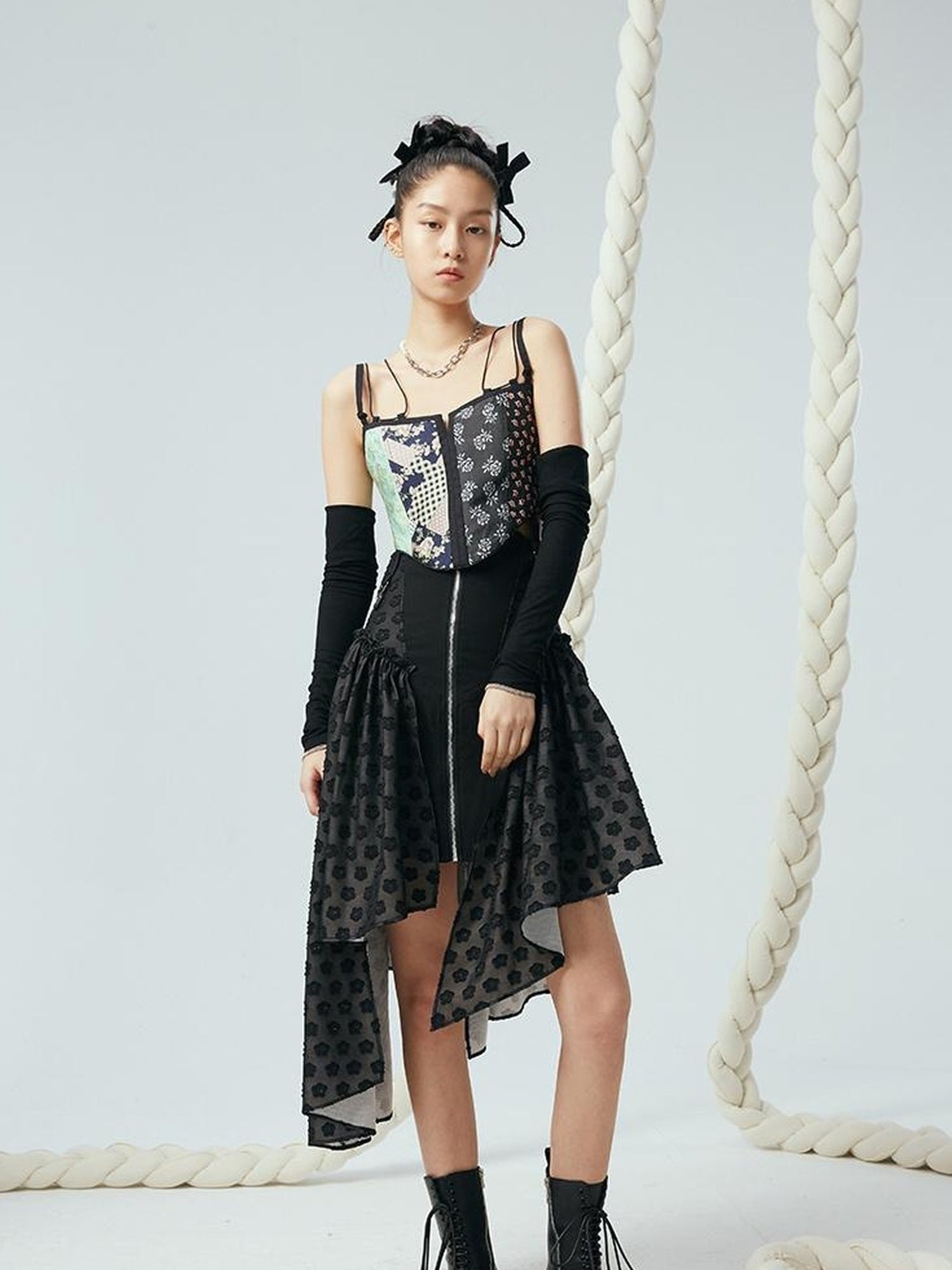DIDDI MODA Lace Up Floral Jacquard Corset Top