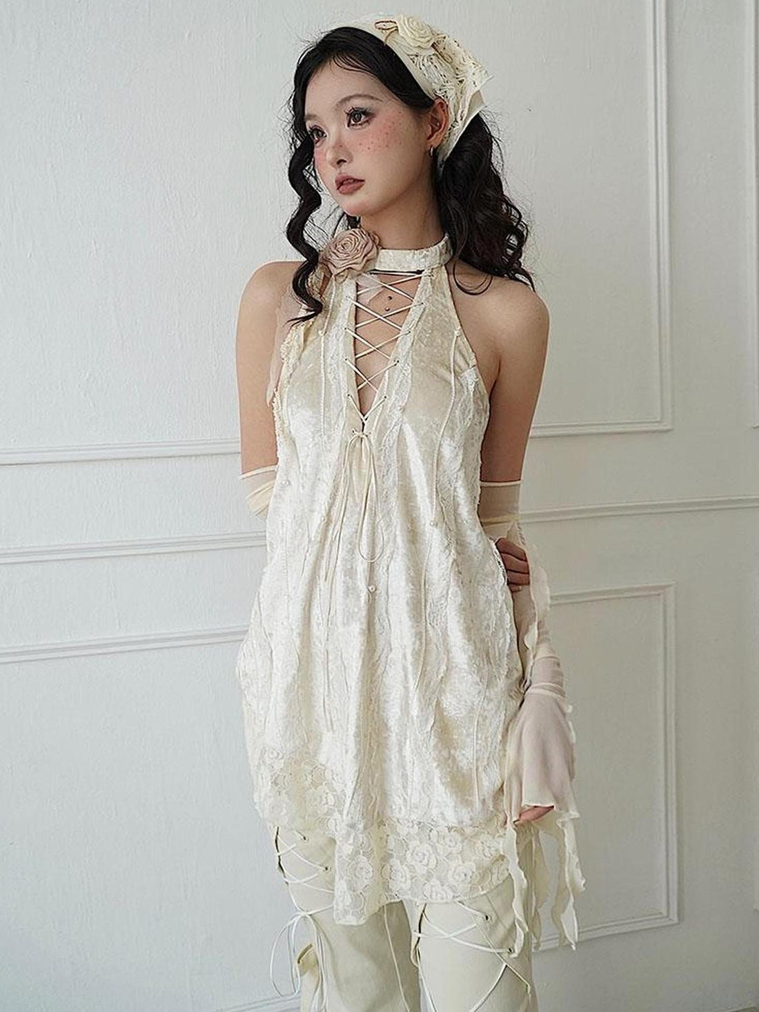WSW WUSHENWU Lace Velvet Rose Backless Bustier Top