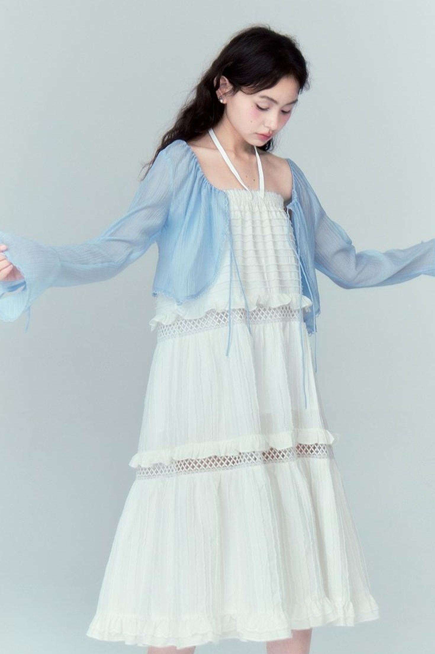 DIDDI MODA Lacy Shell Embroidered Blue Sunshield Cardigan