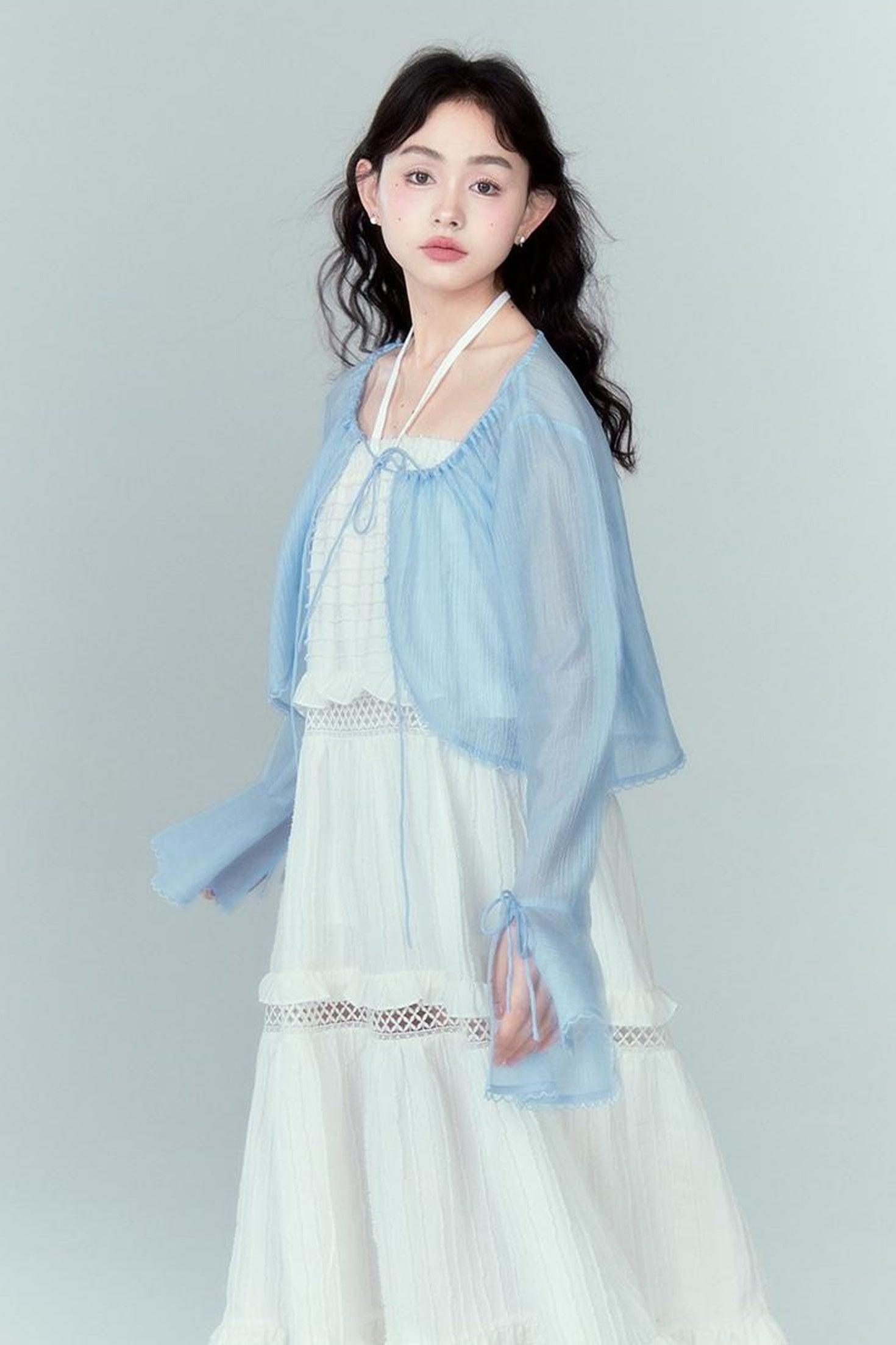 DIDDI MODA Lacy Shell Embroidered Blue Sunshield Cardigan