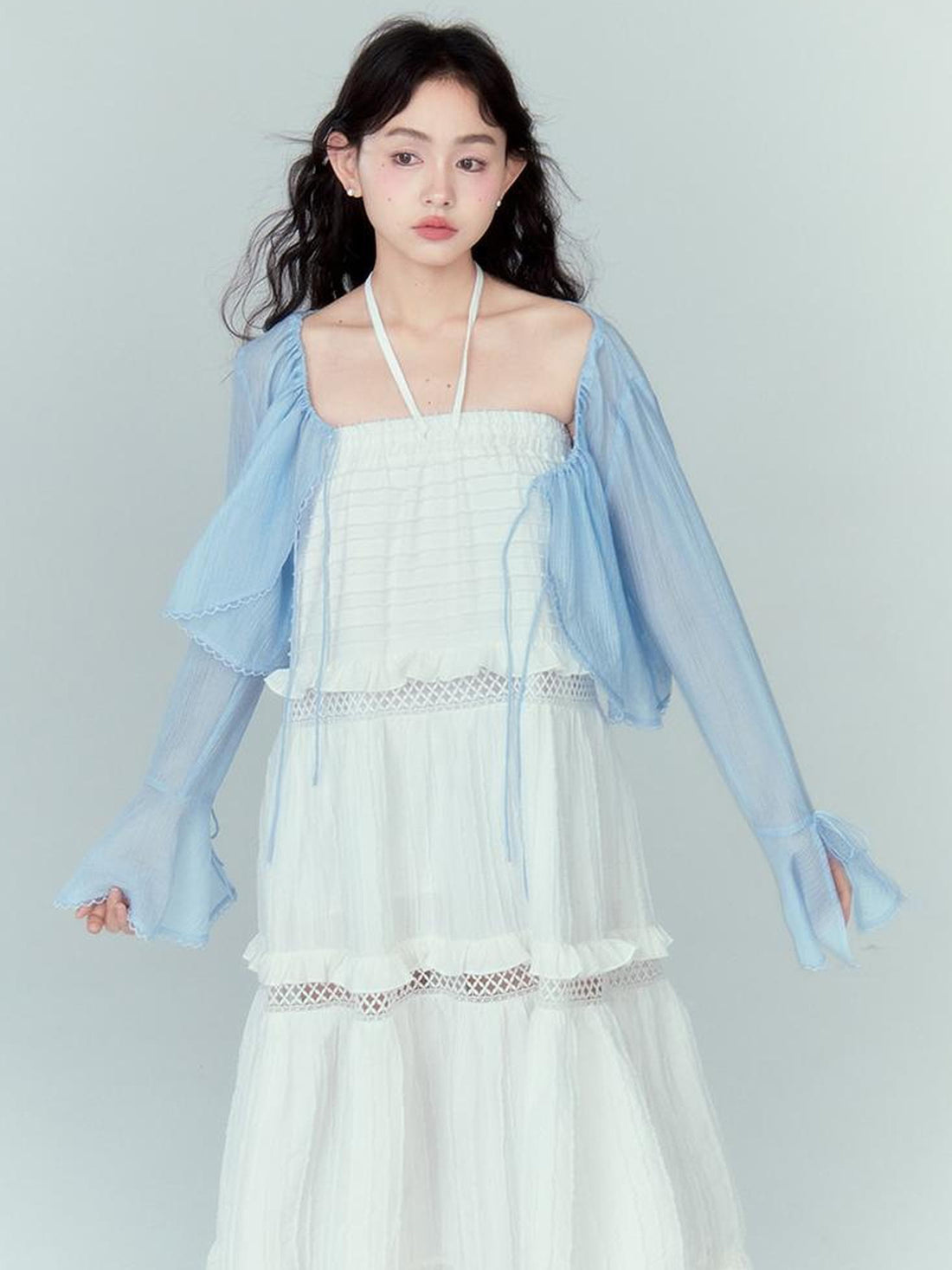 DIDDI MODA Lacy Shell Embroidered Blue Sunshield Cardigan