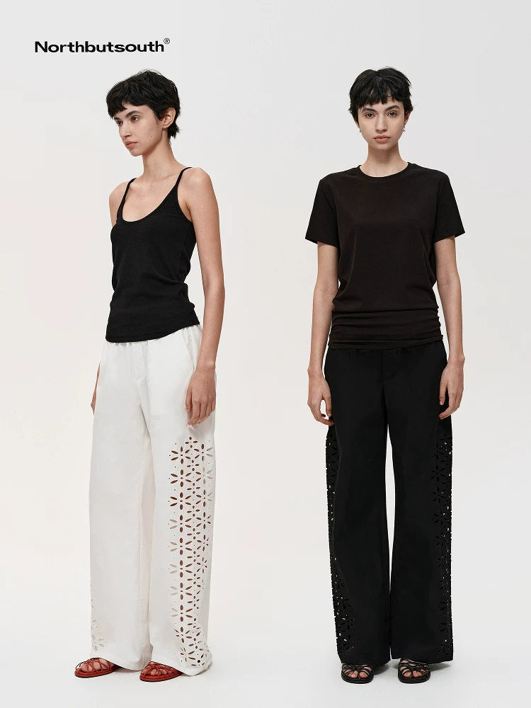 Laser-Cut Hollow-Out Straight-Leg Pants In Black And White