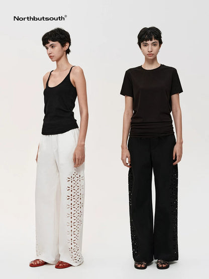 Laser-Cut Hollow-Out Straight-Leg Pants In Black And White