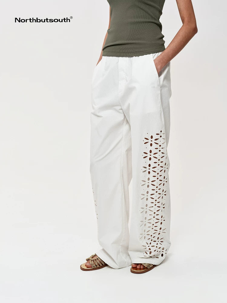 Laser-Cut Hollow-Out Straight-Leg Pants In Black And White