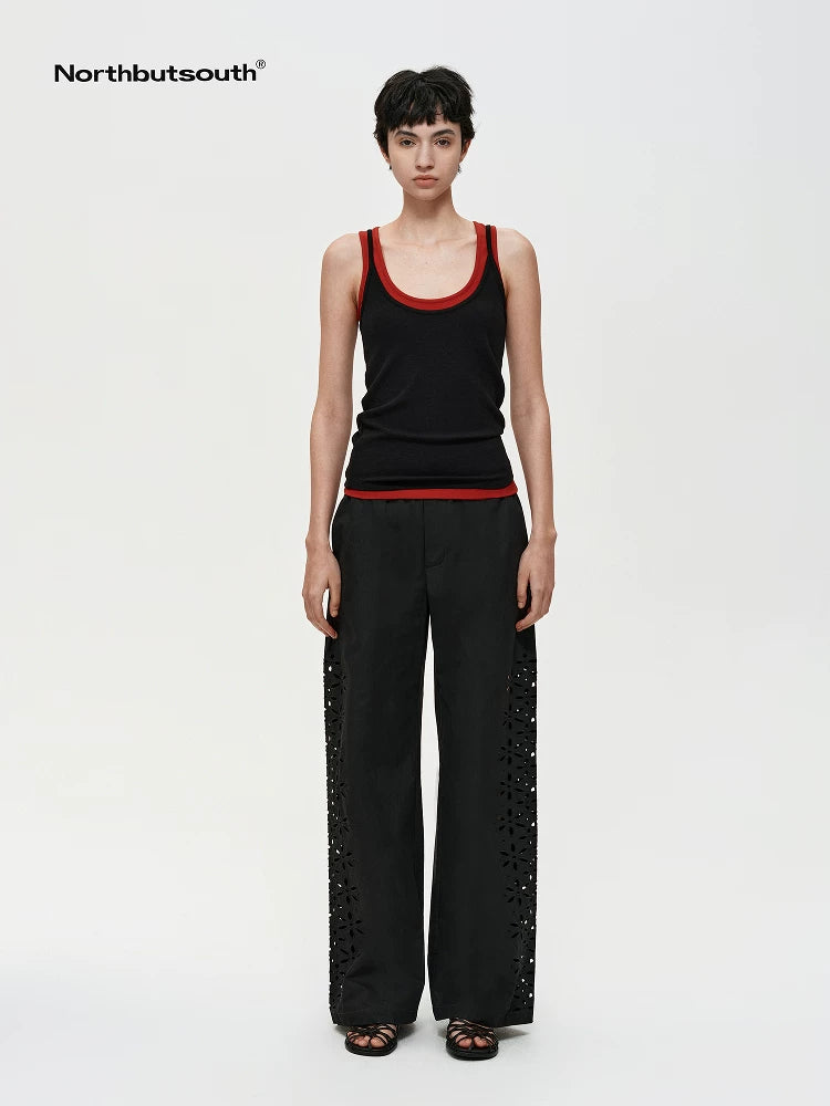 Laser-Cut Hollow-Out Straight-Leg Pants In Black And White