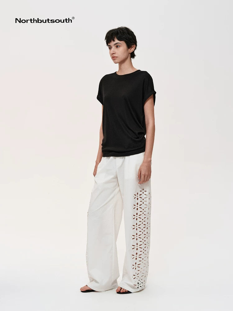 Laser-Cut Hollow-Out Straight-Leg Pants In Black And White