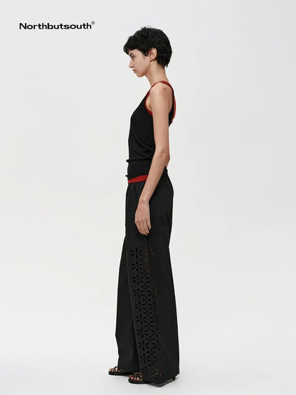 Laser-Cut Hollow-Out Straight-Leg Pants In Black And White