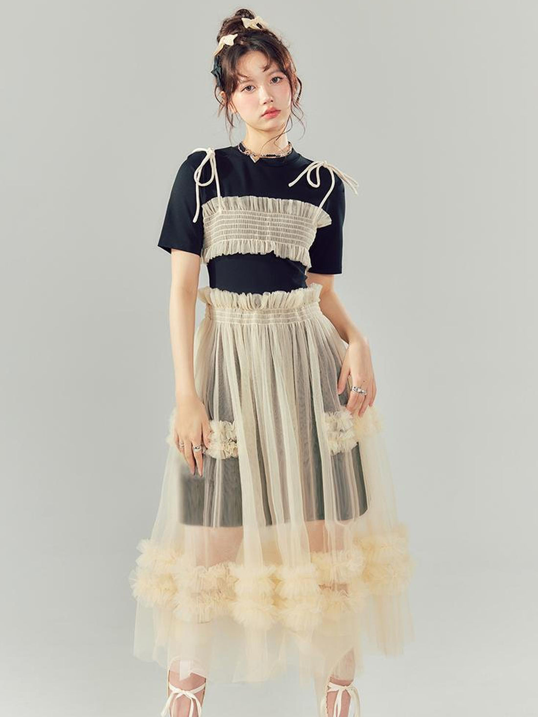 DIDDI MODA Layered Lace Mesh Ruffle Dress