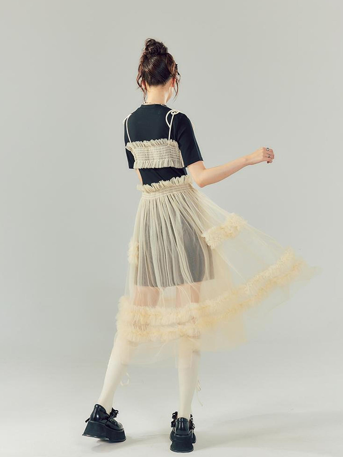 DIDDI MODA Layered Lace Mesh Ruffle Dress