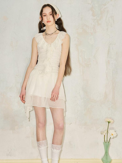 DIDDI MODA Layered Ruffle V Neck Lace Trim Sheath Dress