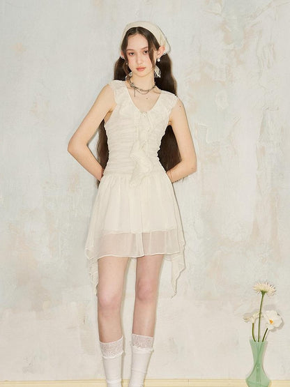DIDDI MODA Layered Ruffle V Neck Lace Trim Sheath Dress