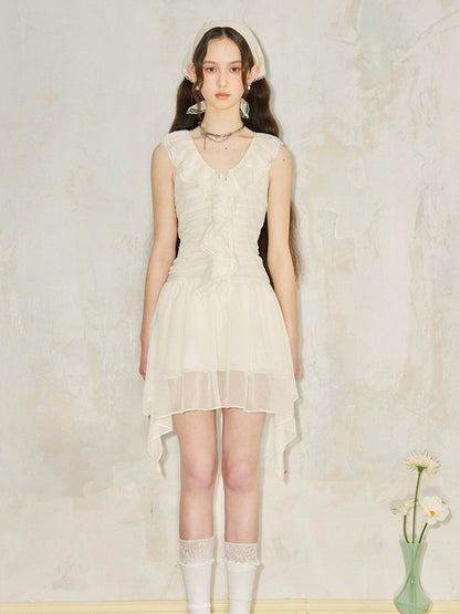 DIDDI MODA Layered Ruffle V Neck Lace Trim Sheath Dress