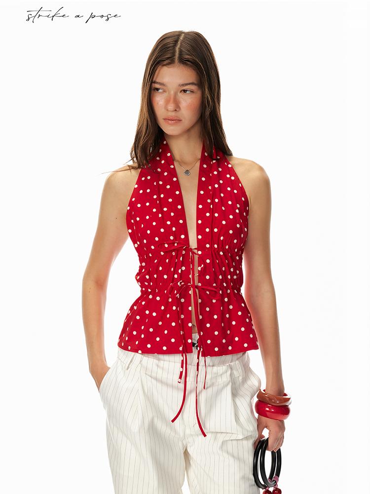 STRIKE A POSE Lazy Dot Backless Sexy Drawstring Halter Fit Top