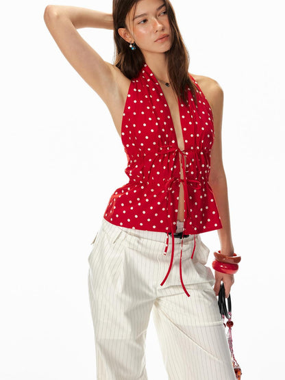 STRIKE A POSE Lazy Dot Backless Sexy Drawstring Halter Fit Top