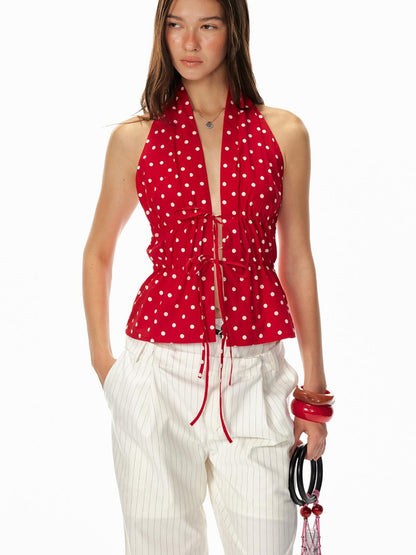 STRIKE A POSE Lazy Dot Backless Sexy Drawstring Halter Fit Top
