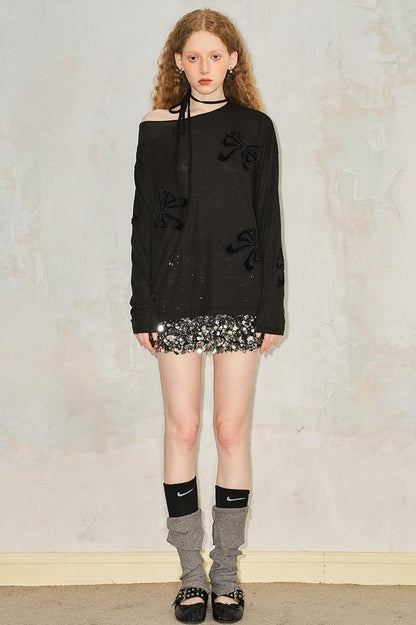 Lazy Off Shoulder Bow Cutout Embroidered Blouse