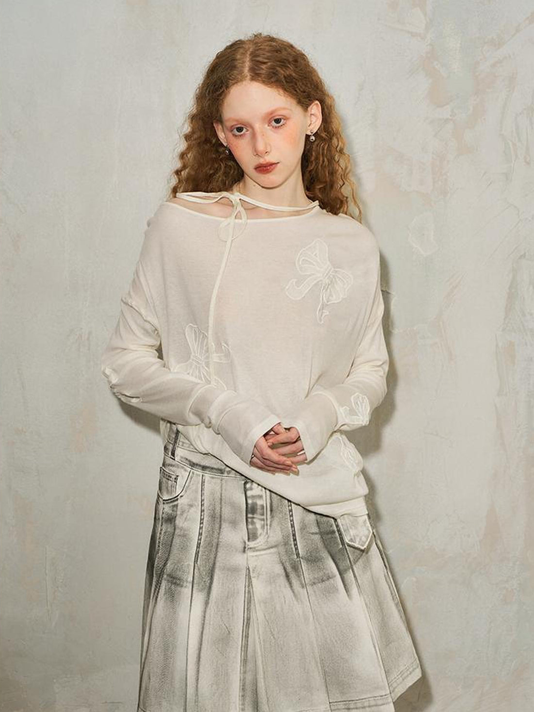 Lazy Off Shoulder Bow Cutout Embroidered Blouse