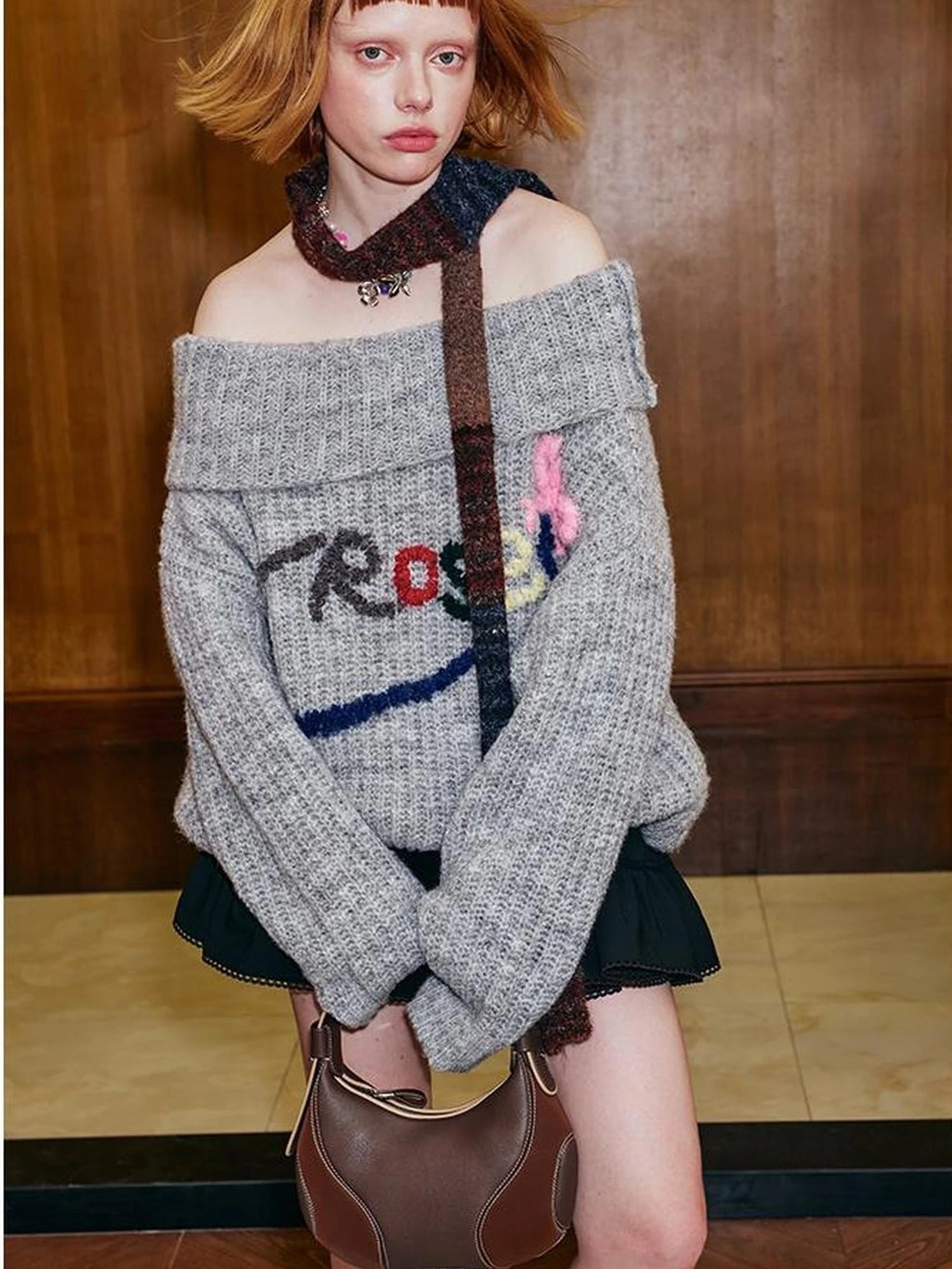 Lazy Off Shoulder Colorful Embroidered Sweater
