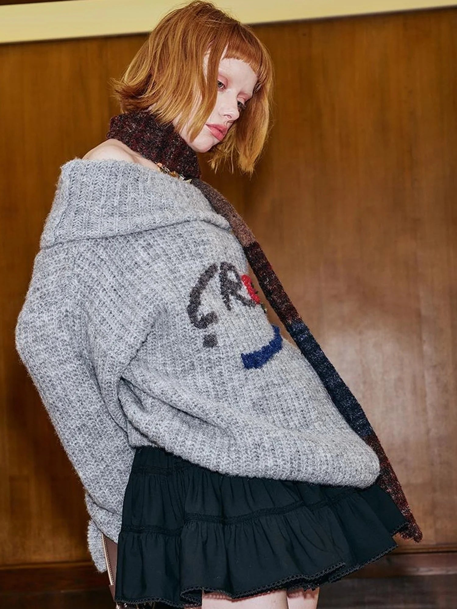 Lazy Off Shoulder Colorful Embroidered Sweater