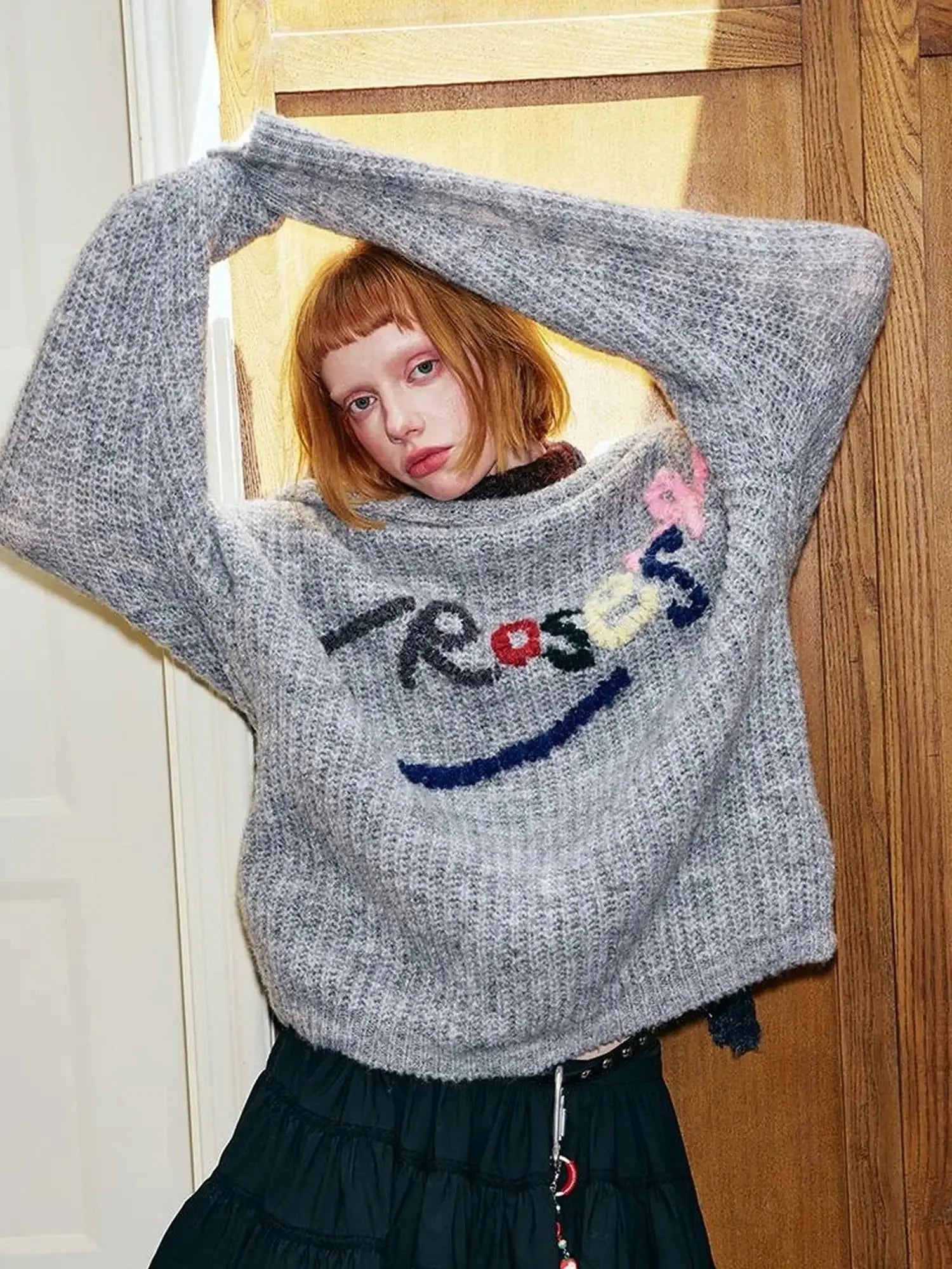 Lazy Off Shoulder Colorful Embroidered Sweater
