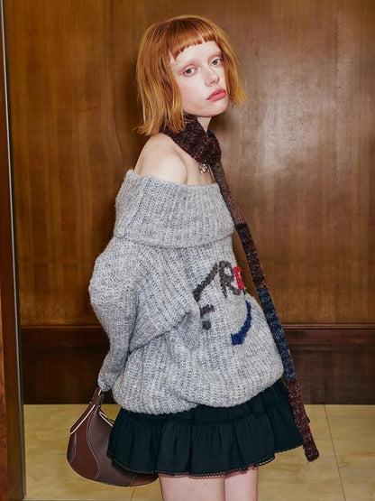 Lazy Off Shoulder Colorful Embroidered Sweater