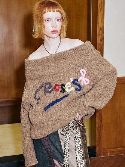 Lazy Off Shoulder Colorful Embroidered Sweater