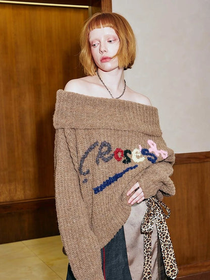 Lazy Off Shoulder Colorful Embroidered Sweater