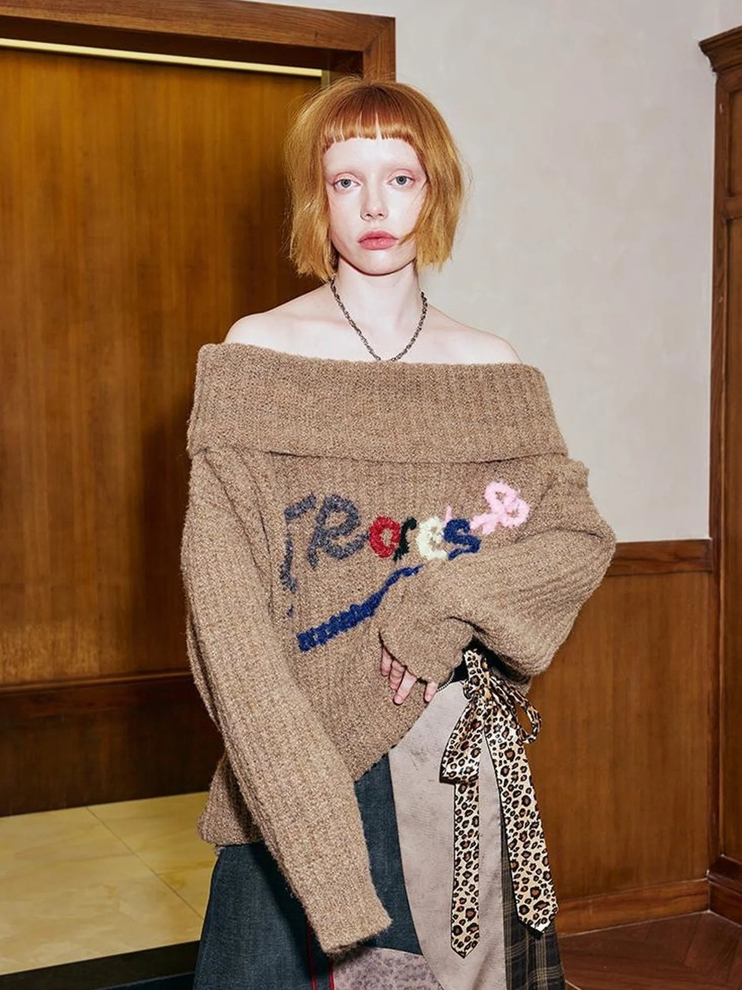 Lazy Off Shoulder Colorful Embroidered Sweater