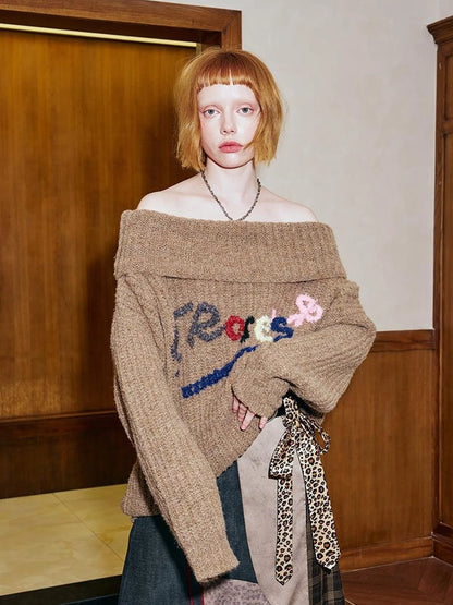 Lazy Off Shoulder Colorful Embroidered Sweater