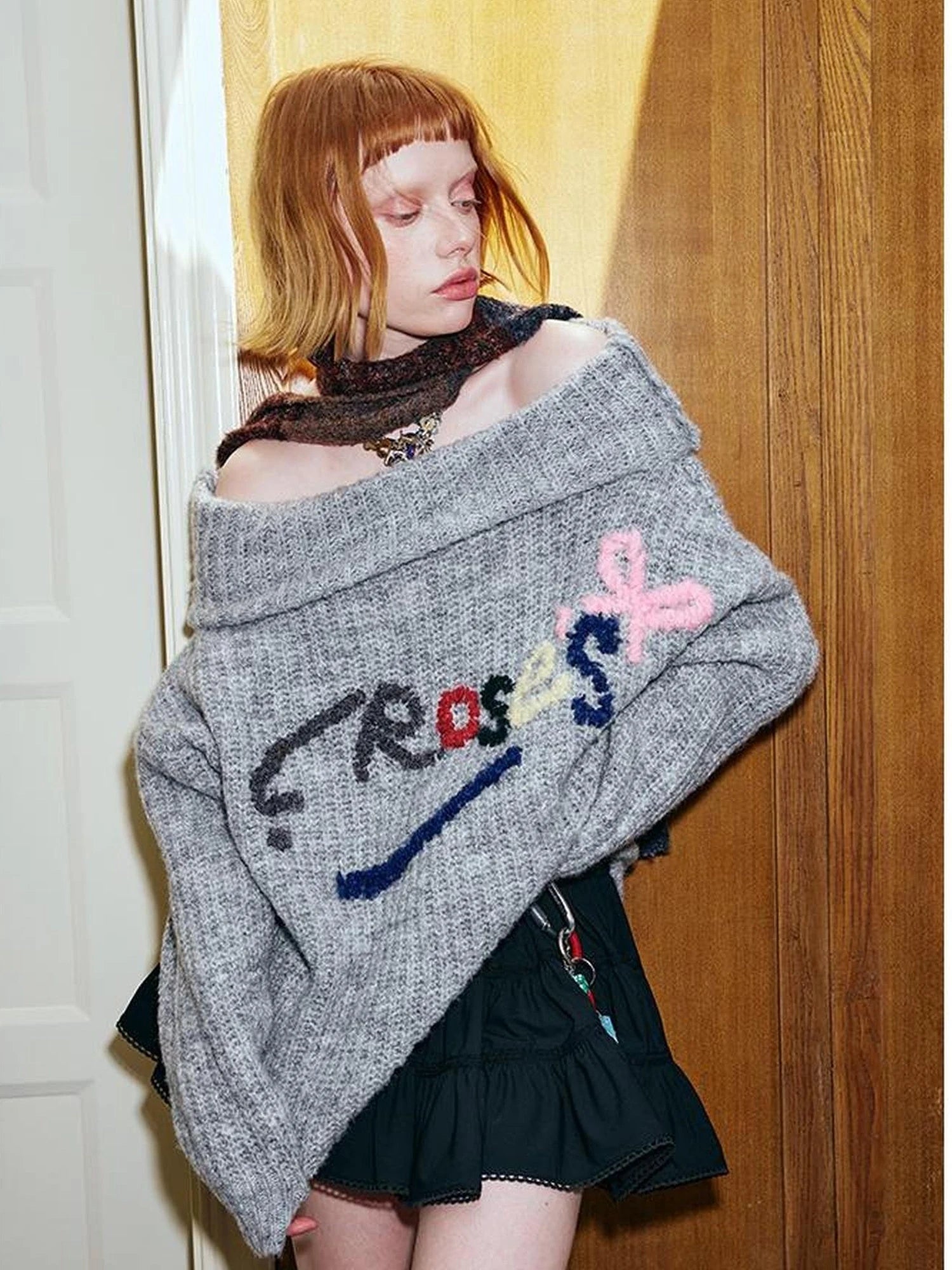 Lazy Off Shoulder Colorful Embroidered Sweater