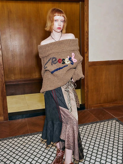 Lazy Off Shoulder Colorful Embroidered Sweater