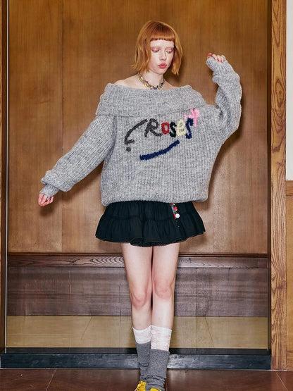 Lazy Off Shoulder Colorful Embroidered Sweater