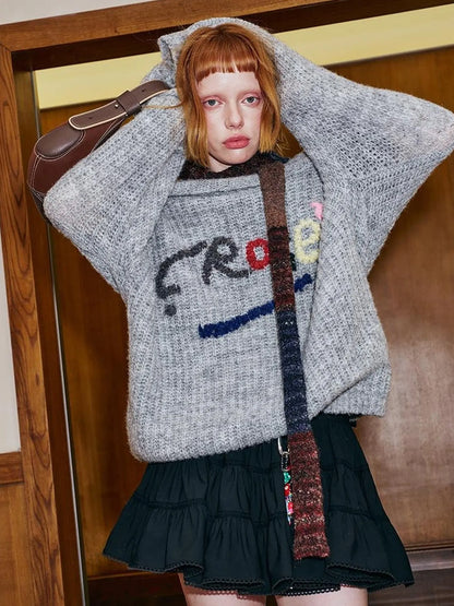 Lazy Off Shoulder Colorful Embroidered Sweater