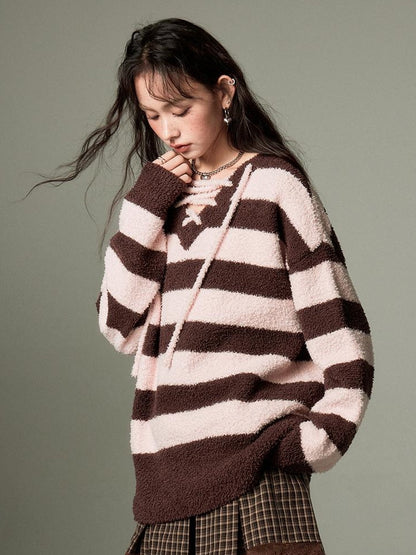 DIDDI MODA Lazy V Striped Knit Tie Front Sweater