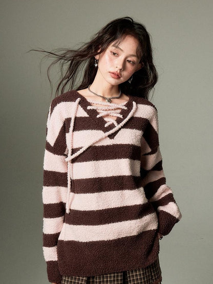 DIDDI MODA Lazy V Striped Knit Tie Front Sweater