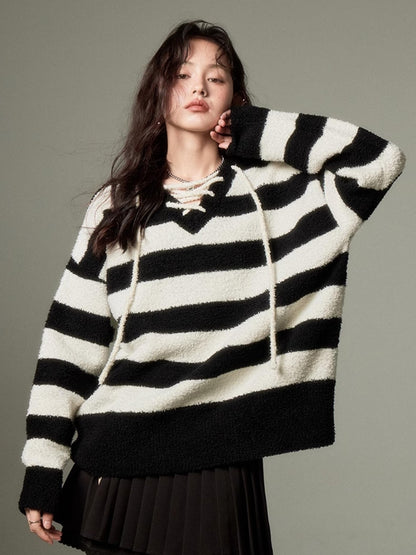 DIDDI MODA Lazy V Striped Knit Tie Front Sweater
