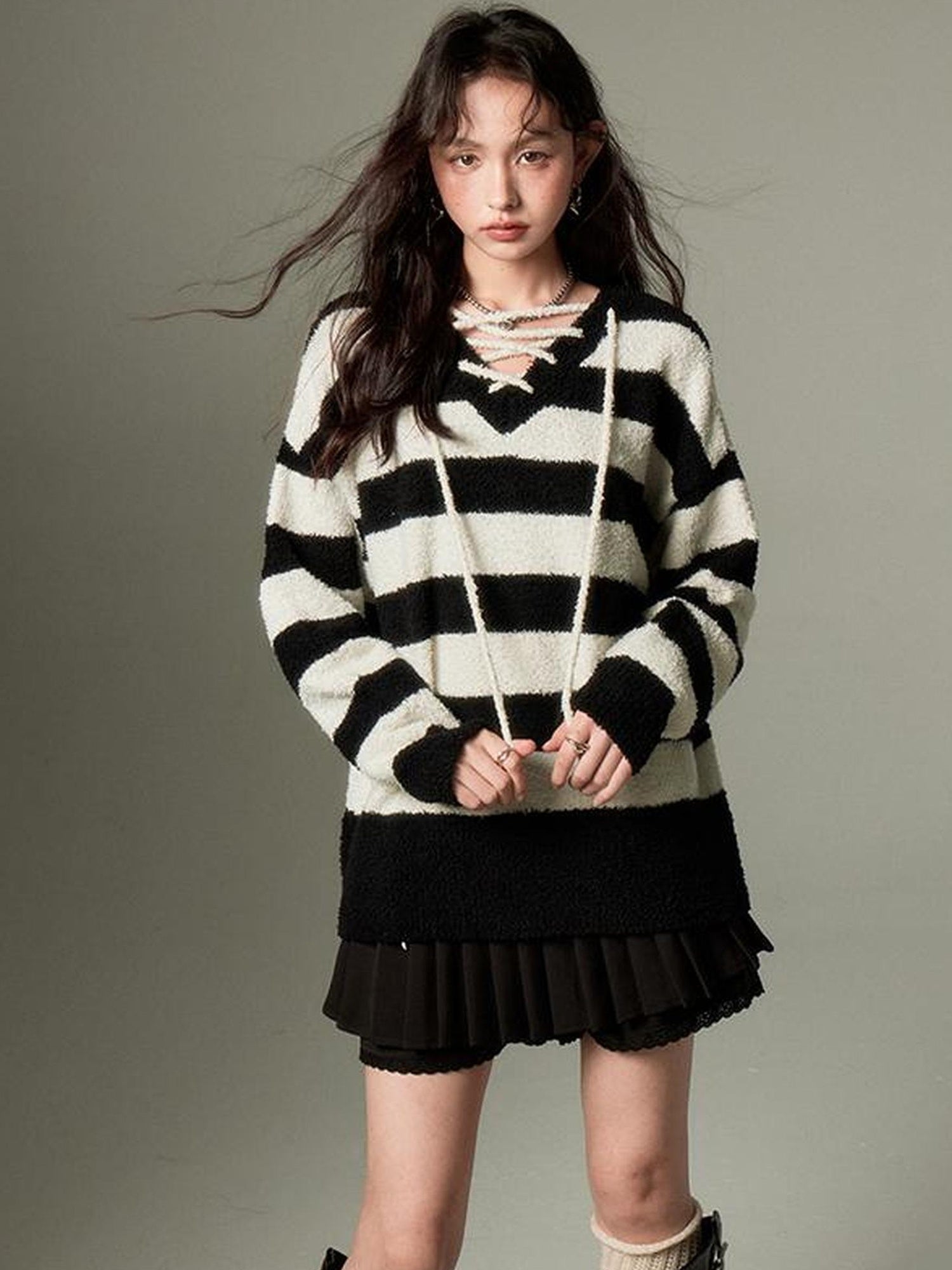 DIDDI MODA Lazy V Striped Knit Tie Front Sweater