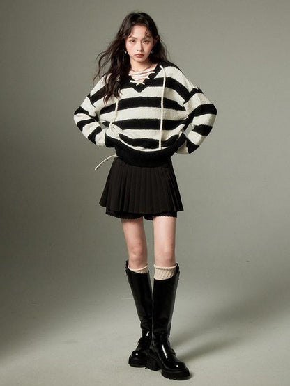 DIDDI MODA Lazy V Striped Knit Tie Front Sweater
