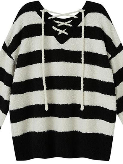 DIDDI MODA Lazy V Striped Knit Tie Front Sweater