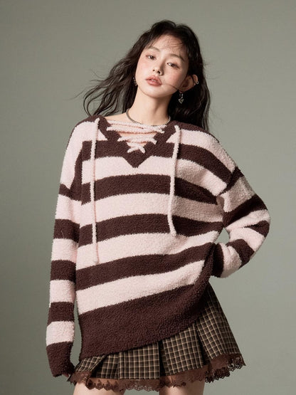 DIDDI MODA Lazy V Striped Knit Tie Front Sweater