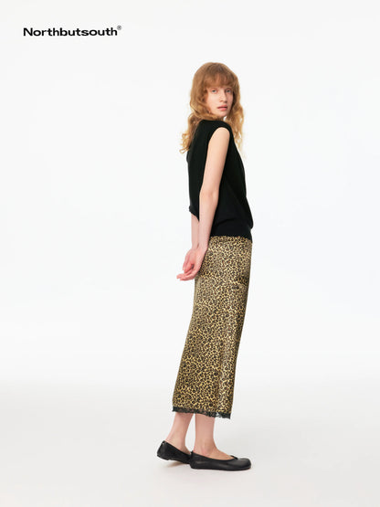 Leopard Print A Line Spliced Lace Natural Waist Women&