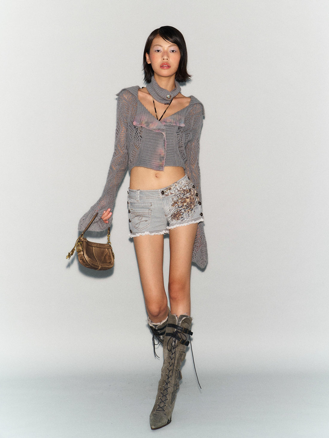 Flowers birds Market Leopard Print Cotton Stretch Denim Shorts