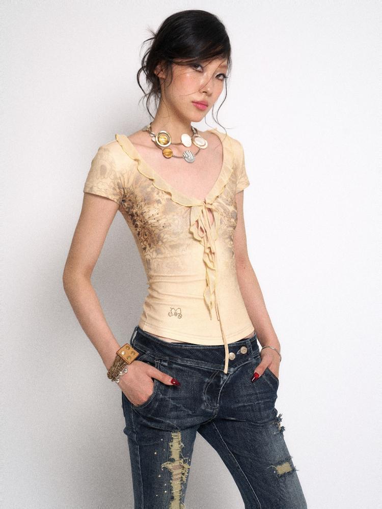 Flowers birds Market Leopard Print Rhinestone Knitted Stretch T-Shirt