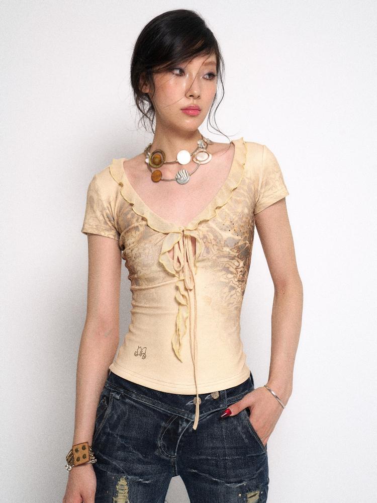Flowers birds Market Leopard Print Rhinestone Knitted Stretch T-Shirt