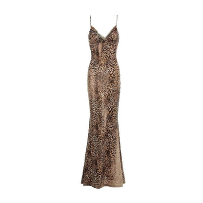 Leopard Print Sheer Mermaid Lace V-Neck Dressone-Pieces