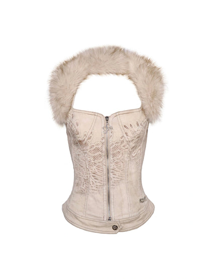 Detachable Fur Collar Stretch Denim Slim Bralette