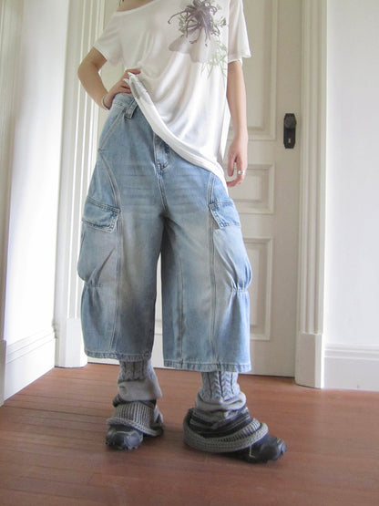 ang project Vintage Washed Relaxed Wide Leg Cargo Capri Jeans
