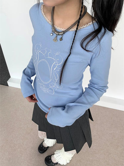 Light Blue Lace Trim Ballet Round Neck Long Sleeve T-shirt