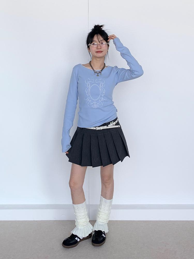 Light Blue Lace Trim Ballet Round Neck Long Sleeve T-shirt